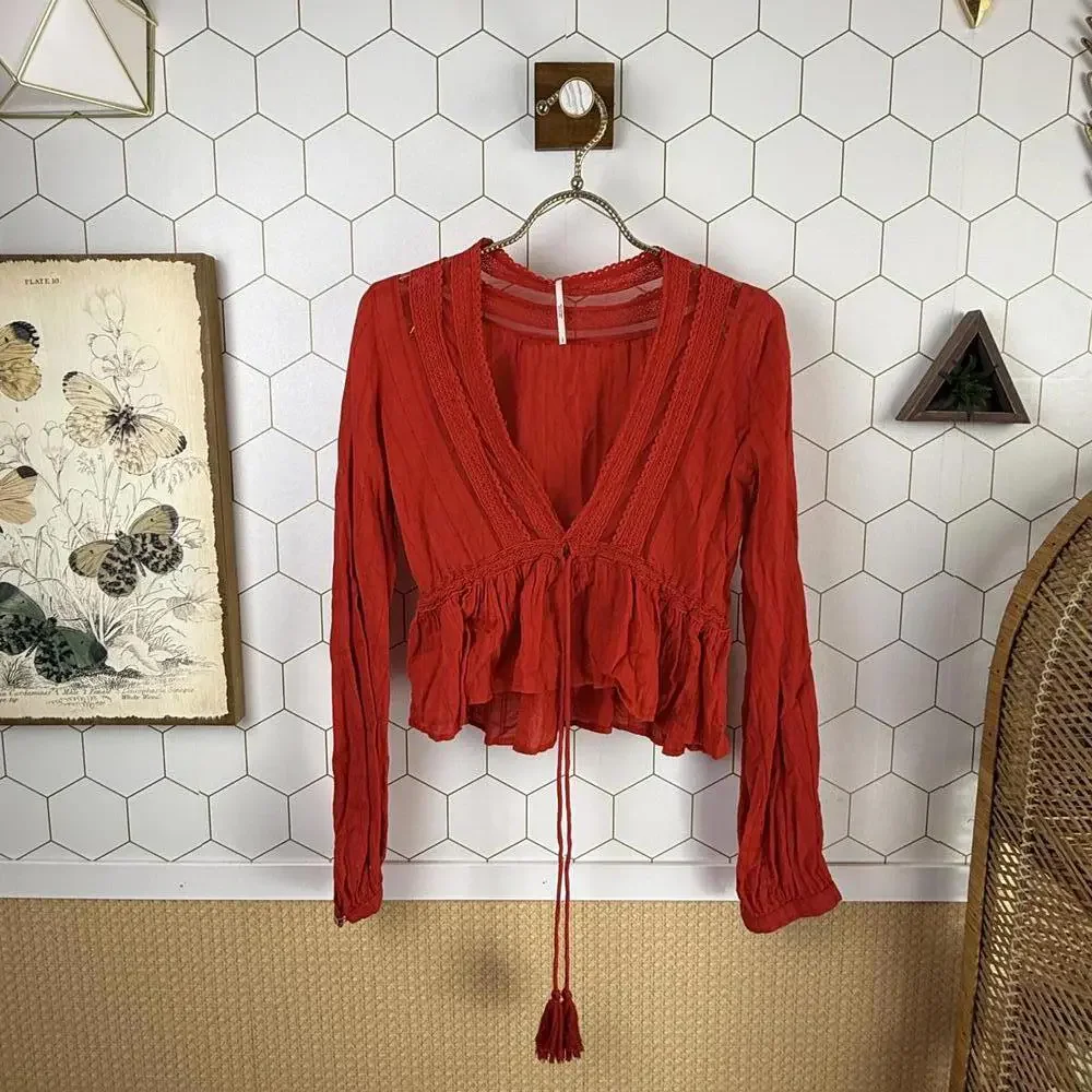 Free People Red Cropped Long Sleeve Peplum Blouse with Tassel Tie - Size - Small